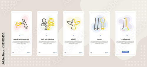 onboarding screen template for people mobile app ui with babysitter and child, man girl and dog, grace, korean, venezuelan icons.