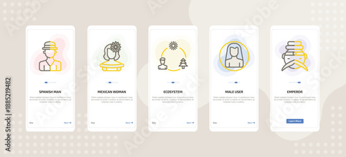 onboarding screen template for people mobile app ui with spanish man, mexican woman, ecosystem, male user, emperor icons.