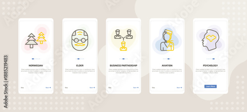 onboarding screen template for people mobile app ui with norwegian, elder, business partnership, aviation, psychology icons.