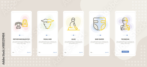 onboarding screen template for people mobile app ui with mother and daughter, facial hair, julus, baby diaper, technician icons.
