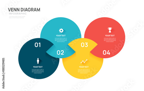 Venn diagram infographic template for business 4 options presentation and icon elements, 4 steps business success.