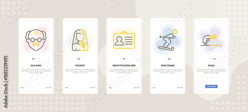 onboarding screen template for people mobile app ui with old man, pacient, identification ard, man skiing, ruku icons.