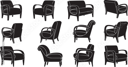 Collection of various black armchairs in different positions isolated