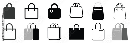 Shopping bag icon set featuring paper bags, online shop symbol, outline bag icons, package symbols, ecommerce delivery, vector illustration ideal for retail design, ui ux, packaging labels