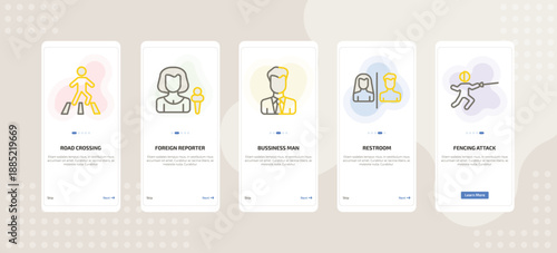 onboarding screen template for people mobile app ui with road crossing, foreign reporter, bussiness man, restroom, fencing attack icons.