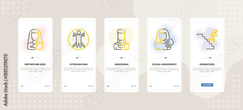onboarding screen template for people mobile app ui with mother and baby, vitruvian man, amazonian, sexual harassment, downstairs icons.