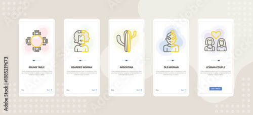 onboarding screen template for people mobile app ui with round table, bearded woman, argentina, old woman, lesbian couple icons.