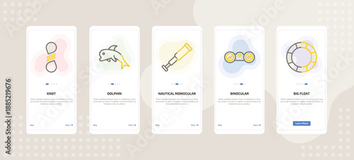 onboarding screen template for nautical mobile app ui with knot, dolphin, nautical monocular, binocular, big float icons.