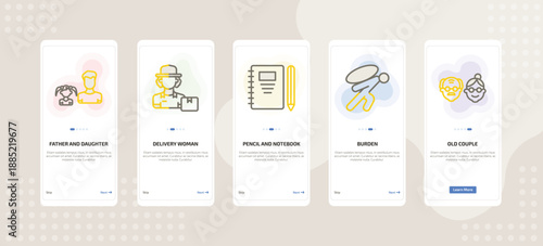 onboarding screen template for people mobile app ui with father and daughter, delivery woman, pencil and notebook, burden, old couple icons.