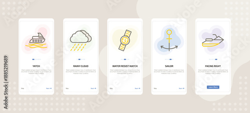 onboarding screen template for nautical mobile app ui with yatch, rainy cloud, water resist watch, sailor, facing right icons.