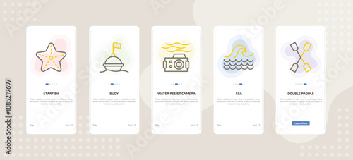onboarding screen template for nautical mobile app ui with starfish, buoy, water resist camera, sea, double paddle icons.
