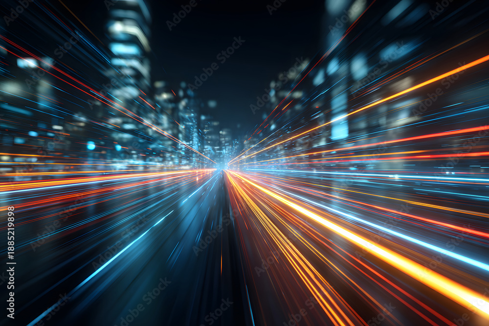 Fototapeta premium Lights move quickly in a city at night with tall buildings and bright colors
