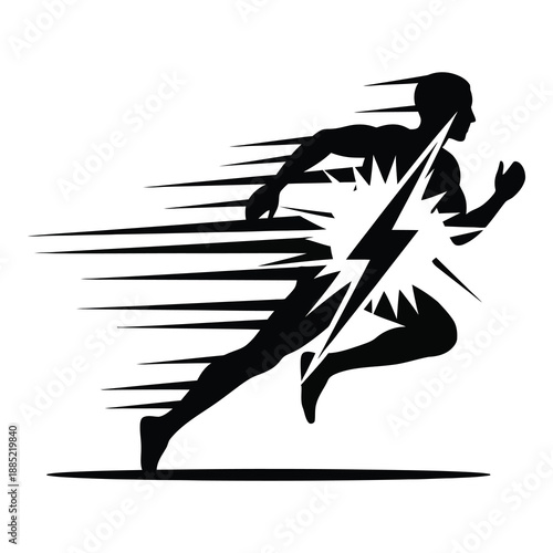 Silhouette of a powerful athlete sprinting with intense speed incorporating a dynamic lightning bolt graphic on white background