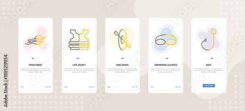 onboarding screen template for nautical mobile app ui with speed boat, life jacket, one kayak, swimming glasses, bait icons.