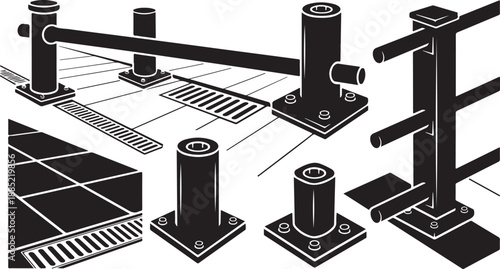 Black and white illustration of various bollards and barriers