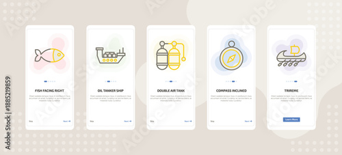 onboarding screen template for nautical mobile app ui with fish facing right, oil tanker ship, double air tank, compass inclined, trireme icons.