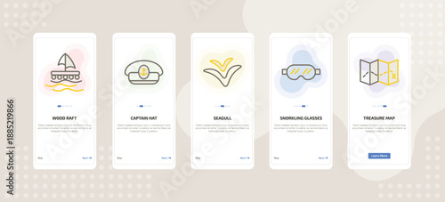 onboarding screen template for nautical mobile app ui with wood raft, captain hat, seagull, snorkling glasses, treasure map icons.