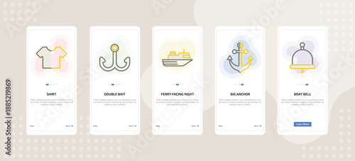 onboarding screen template for nautical mobile app ui with shirt, double bait, ferry facing right, big anchor, boat bell icons.