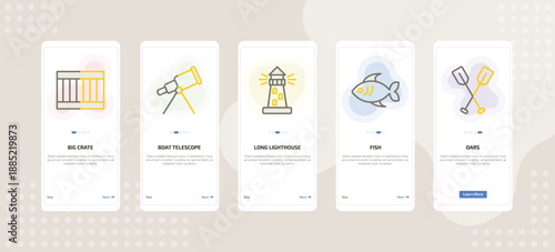 onboarding screen template for nautical mobile app ui with big crate, boat telescope, long lighthouse, fish, oars icons.