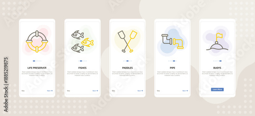 onboarding screen template for nautical mobile app ui with life preserver, fishes, paddles, pipe, buoys icons.