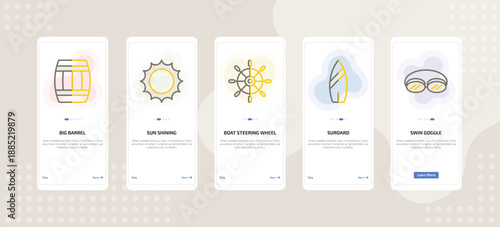 onboarding screen template for nautical mobile app ui with big barrel, sun shining, boat steering wheel, suroard, swin goggle icons.