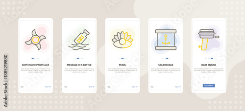 onboarding screen template for nautical mobile app ui with ship engine propeller, message in a bottle, pearl, sea package, boat engine icons.