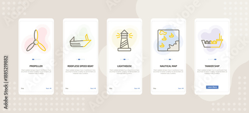 onboarding screen template for nautical mobile app ui with propeller, roofless speed boat, lighthouse, nautical map, tanker ship icons.