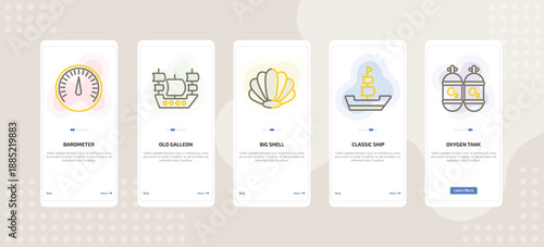 onboarding screen template for nautical mobile app ui with barometer, old galleon, big shell, classic ship, oxygen tank icons.