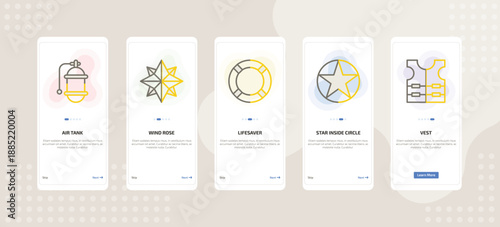 onboarding screen template for nautical mobile app ui with air tank, wind rose, lifesaver, star inside circle, vest icons.