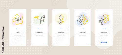 onboarding screen template for nature mobile app ui with peony, windstorm, hyacinth, dianthus, hawthorn icons.