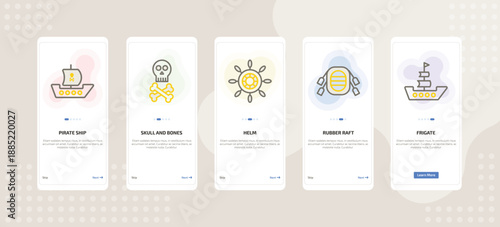 onboarding screen template for nautical mobile app ui with pirate ship, skull and bones, helm, rubber raft, frigate icons.