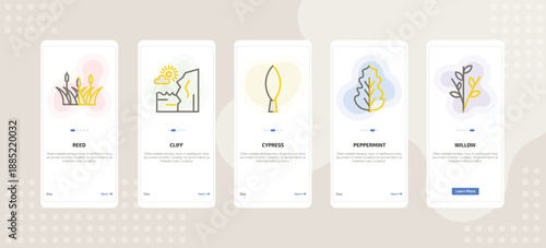 onboarding screen template for nature mobile app ui with reed, cliff, cypress, peppermint, willow icons.