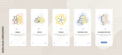onboarding screen template for nature mobile app ui with jonquil, protea, petunia, red spruce tree, cucumber tree tree icons.