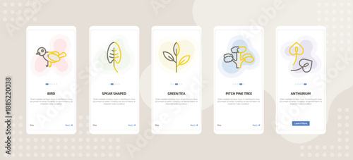 onboarding screen template for nature mobile app ui with bird, spear shaped, green tea, pitch pine tree, anthurium icons.