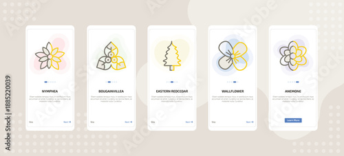 onboarding screen template for nature mobile app ui with nymphea, bougainvillea, eastern redcedar tree, wallflower, anemone icons.