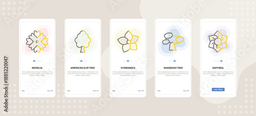 onboarding screen template for nature mobile app ui with wedelia, american elm tree, hydrangea, shadbush tree, daffodil icons.