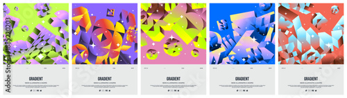 Abstract elegant gradient composition with volumetric geometric postmodern and minimalistic brutalism realistic 3D shapes, Gradient brutal contemporary figure, vector print artwork, poster set