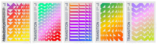 Futuristic tech transition colorful shapes, Abstract gradient geometric pattern graphic in brutalism aesthetics, Set minimalistic poster with vibrant postmodern ornament, cover template set 2
