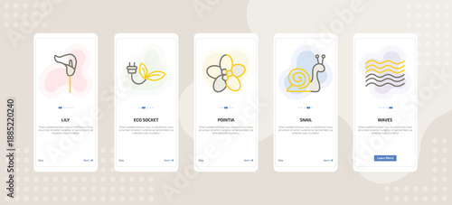 onboarding screen template for nature mobile app ui with lily, eco socket, pointia, snail, waves icons.
