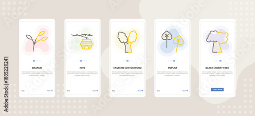 onboarding screen template for nature mobile app ui with branch, hive, eastern cottonwood tree, poplar, black cherry tree icons.