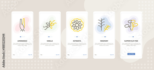 onboarding screen template for nature mobile app ui with lemongrass, vanilla, astrantia, rosemary, slippery elm tree icons.