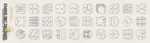 Isometric line brutal 3D shapes, Brutalism volumetric carcass various form, Postmodern abstract geometric graphic frame elements, trendy cyber design symbols in futuristic aesthetics, vector set 9