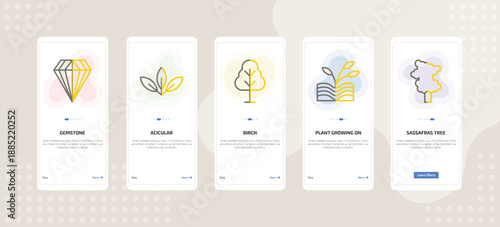onboarding screen template for nature mobile app ui with gemstone, acicular, birch, plant growing on book, sassafras tree icons.