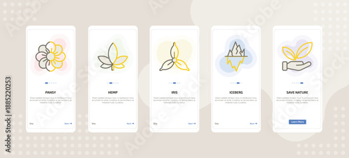 onboarding screen template for nature mobile app ui with pansy, hemp, iris, iceberg, save nature icons.