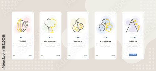 onboarding screen template for nature mobile app ui with almond, pin cherry tree, bergamot, alstroemeria, snowslide icons.