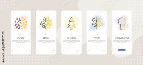 onboarding screen template for nature mobile app ui with knapweed, gerbera, red pine tree, pinnate, american chestnut tree icons.
