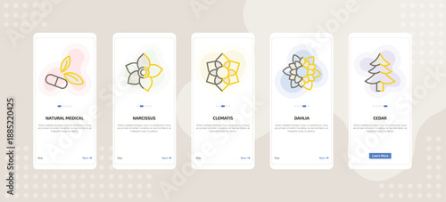onboarding screen template for nature mobile app ui with natural medical pills, narcissus, clematis, dahlia, cedar icons.