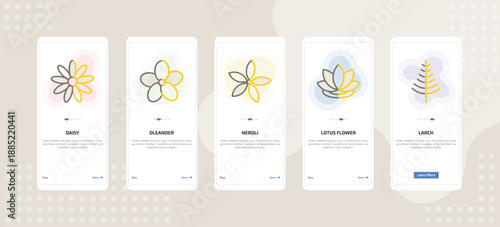 onboarding screen template for nature mobile app ui with daisy, oleander, neroli, lotus flower, larch icons.