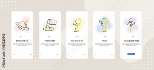 onboarding screen template for nature mobile app ui with saturn with his ring, waste water, tree with white foliage, trunk, quaking aspen tree icons.