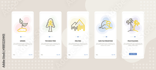 onboarding screen template for nature mobile app ui with grows, the oaks tree, melting, sun fuji mountain, palm islands icons.
